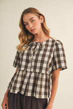 Load image into Gallery viewer, Keyhole Tie-Neck Gingham Peplum Blouse