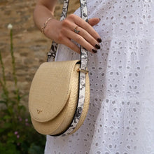 Load image into Gallery viewer, Fable Tree of Life Monochrome Raffia Saddle Purse