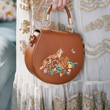 Load image into Gallery viewer, Fox & Pumpkin Embroidered Tan Saddle Purse