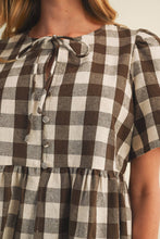 Load image into Gallery viewer, Keyhole Tie-Neck Gingham Peplum Blouse
