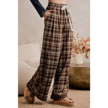 Load image into Gallery viewer, PLAID CHECK WIDE LEG PANTS WITH RUFFLE TRIM HEM
