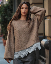 Load image into Gallery viewer, Cable Knit Crewneck Eyelash Lace Layered Hem Sweater
