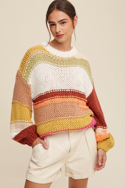 Online Exclusive Open Mixed Knit Slouchy Hand Crochet Sweater