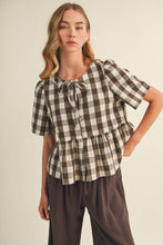 Load image into Gallery viewer, Keyhole Tie-Neck Gingham Peplum Blouse

