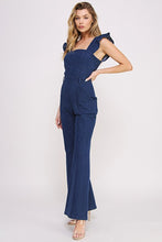 Load image into Gallery viewer, DENIM RUFFLE FLARE LEG JUMPSUIT
