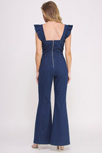 Load image into Gallery viewer, DENIM RUFFLE FLARE LEG JUMPSUIT
