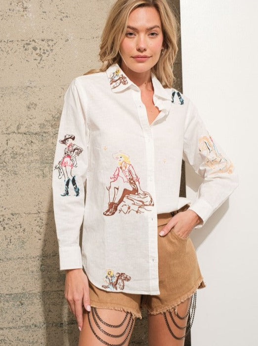 Online Excusive - Embroidered Western Cowgirl Linen Shirt Blouse