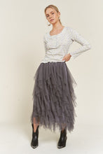 Load image into Gallery viewer, PLUS LAYER POLKA DOT MESH LINED A-LINE MIDI SKIRT

