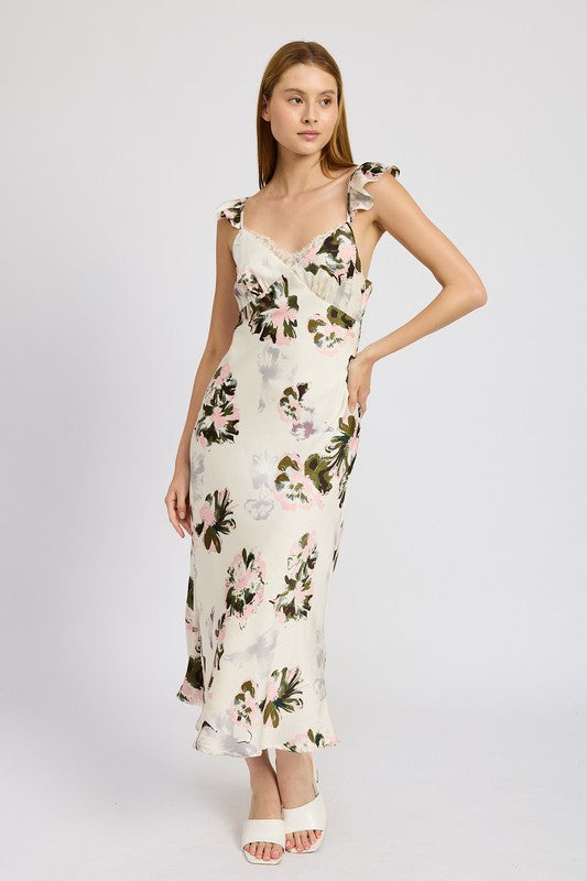 Online Exclusive FLORAL MIDI DRESS WITH LACE DETAIL