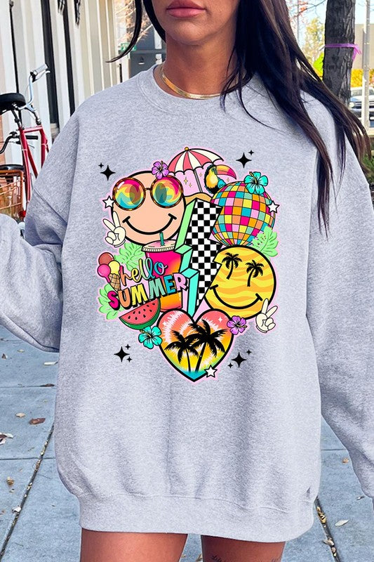 Online Exclusive Hello Summer Collage Graphic Fleece Sweatshirts
