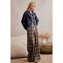 Load image into Gallery viewer, PLAID CHECK WIDE LEG PANTS WITH RUFFLE TRIM HEM
