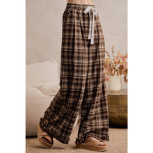 Load image into Gallery viewer, PLAID CHECK WIDE LEG PANTS WITH RUFFLE TRIM HEM
