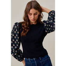 Load image into Gallery viewer, SCALLOPED SWEATER KNIT TOP WITH FLORAL SLEEVES
