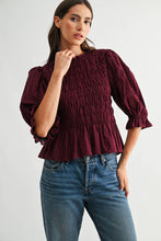 Load image into Gallery viewer, THE SALLY SMOCKED PEPLUM PUFF SLEEVE TOP

