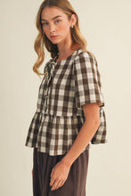 Load image into Gallery viewer, Keyhole Tie-Neck Gingham Peplum Blouse
