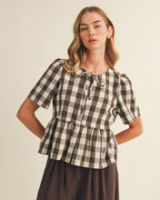 Load image into Gallery viewer, Keyhole Tie-Neck Gingham Peplum Blouse
