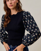 Load image into Gallery viewer, SCALLOPED SWEATER KNIT TOP WITH FLORAL SLEEVES
