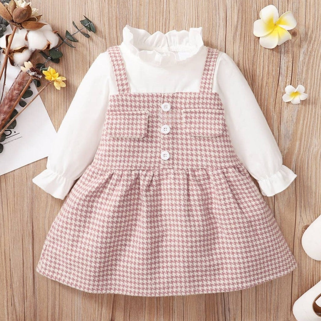 Frilly Collar Long Sleeve Splicing Pink Baby Faux Dress