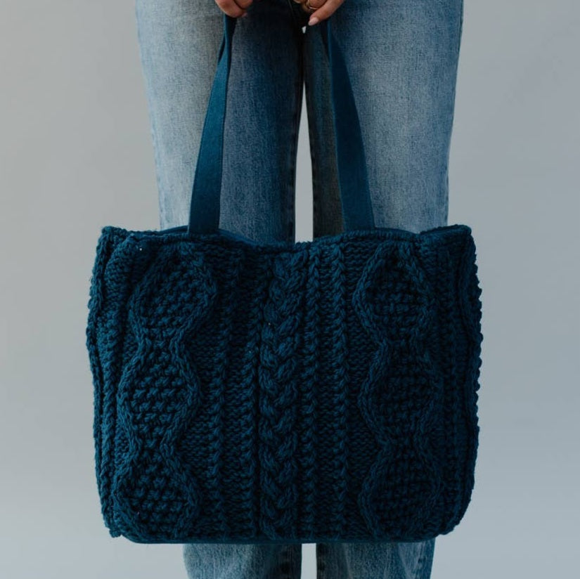 Steel Blue Cable Knit Tote