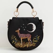 Load image into Gallery viewer, Deer &amp; Moon Embroidered Black Velvet Saddle Bag
