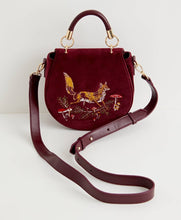 Load image into Gallery viewer, Fox &amp; Mushroom Embroidered Burgundy Velvet Saddle Bag
