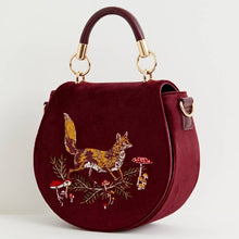 Load image into Gallery viewer, Fox &amp; Mushroom Embroidered Burgundy Velvet Saddle Bag
