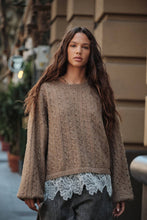 Load image into Gallery viewer, Cable Knit Crewneck Eyelash Lace Layered Hem Sweater
