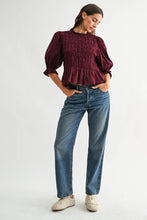 Load image into Gallery viewer, THE SALLY SMOCKED PEPLUM PUFF SLEEVE TOP
