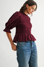 Load image into Gallery viewer, THE SALLY SMOCKED PEPLUM PUFF SLEEVE TOP
