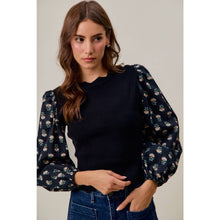Load image into Gallery viewer, SCALLOPED SWEATER KNIT TOP WITH FLORAL SLEEVES
