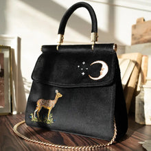 Load image into Gallery viewer, Deer &amp; Moon Embroidered Black Velvet Tote
