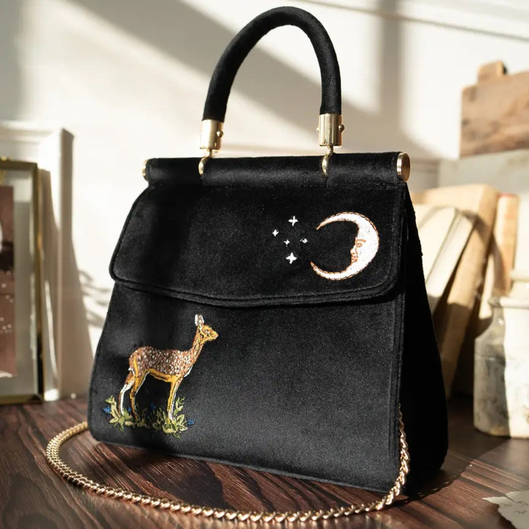 Deer & Moon Embroidered Black Velvet Tote