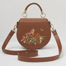 Load image into Gallery viewer, Fox &amp; Pumpkin Embroidered Tan Saddle Purse
