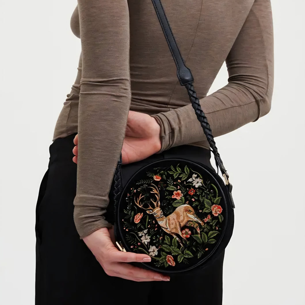 Aurora Fawn Embroidered Black Circle Bag