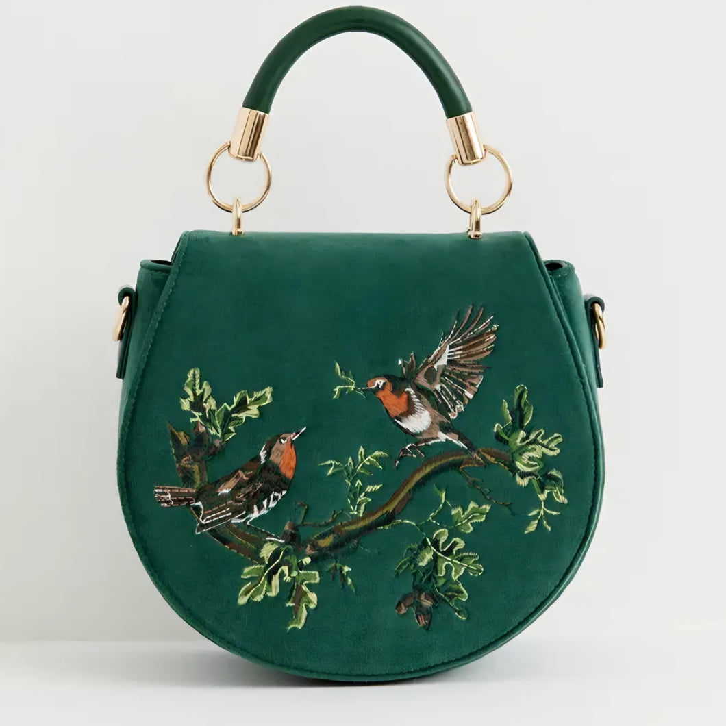 Robin Love Fern Green Velvet Embroidered Purse