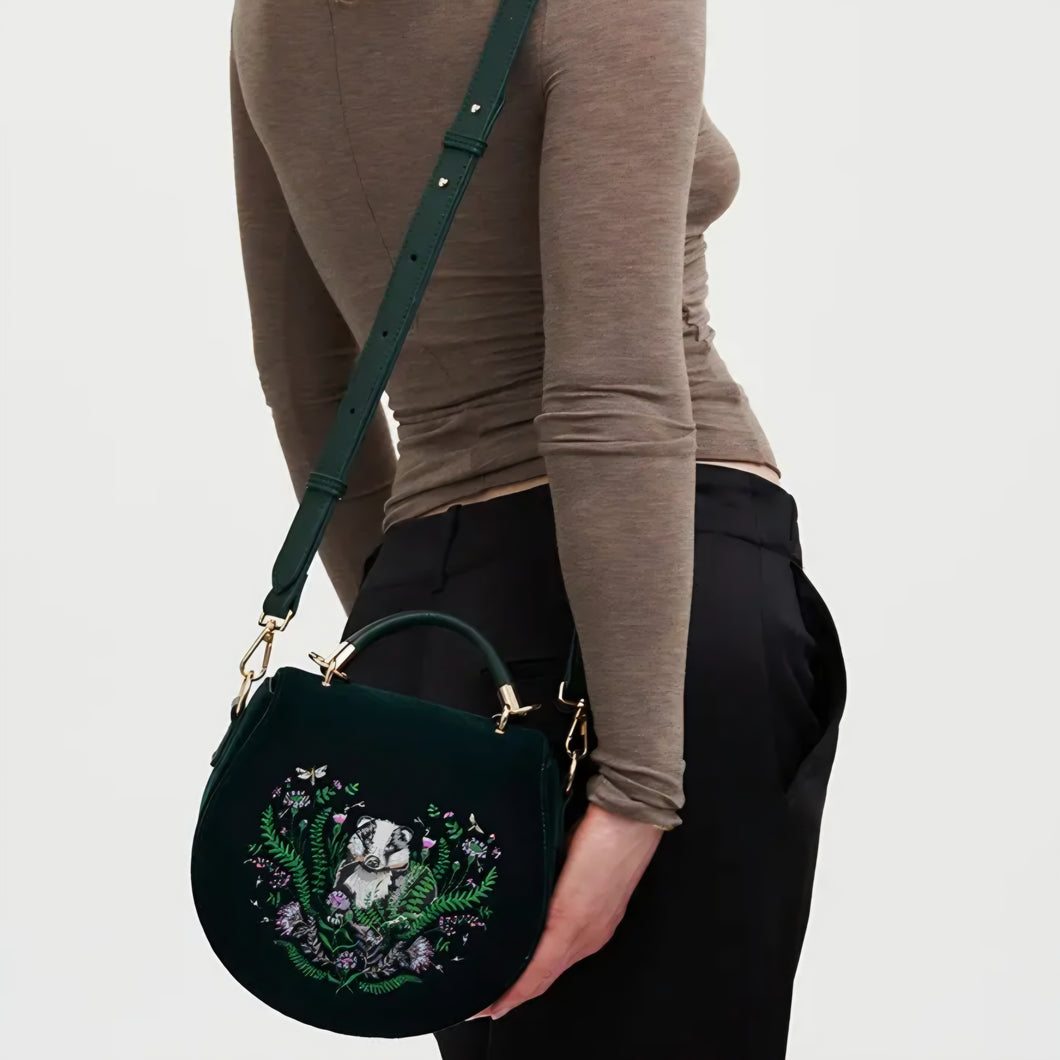 Badger Embroidered Green Top Handle Saddle Bag